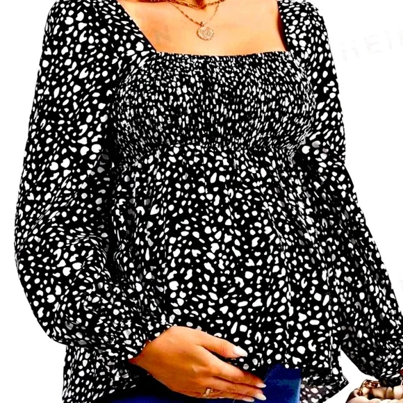 Maternity Allover Print Square Neck Flounce Sleeve Peplum Blouse - Picture 2 of 5